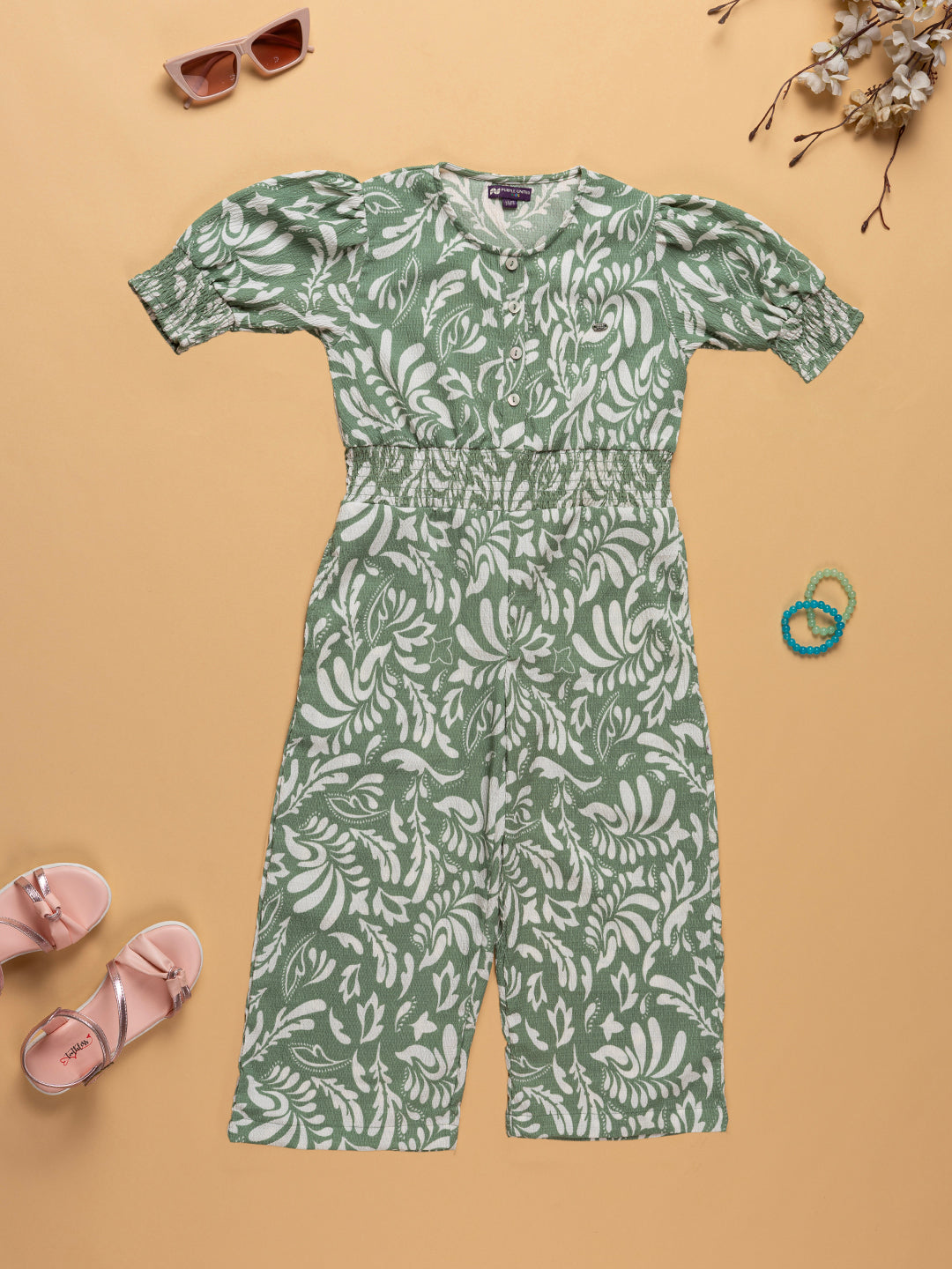 Kids Girls Floral Printed Round Neck Jumpsuit With Gathered Puff Sleeves