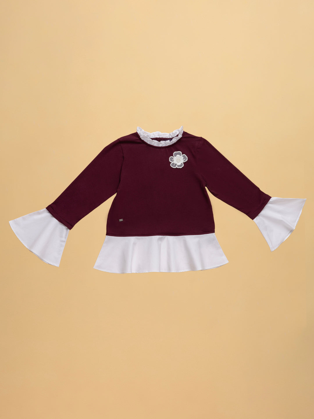 Kids Girls Cotton Bell Ruffle Sleeves Layered Top With Peplum Style and Beeded Flower Detail