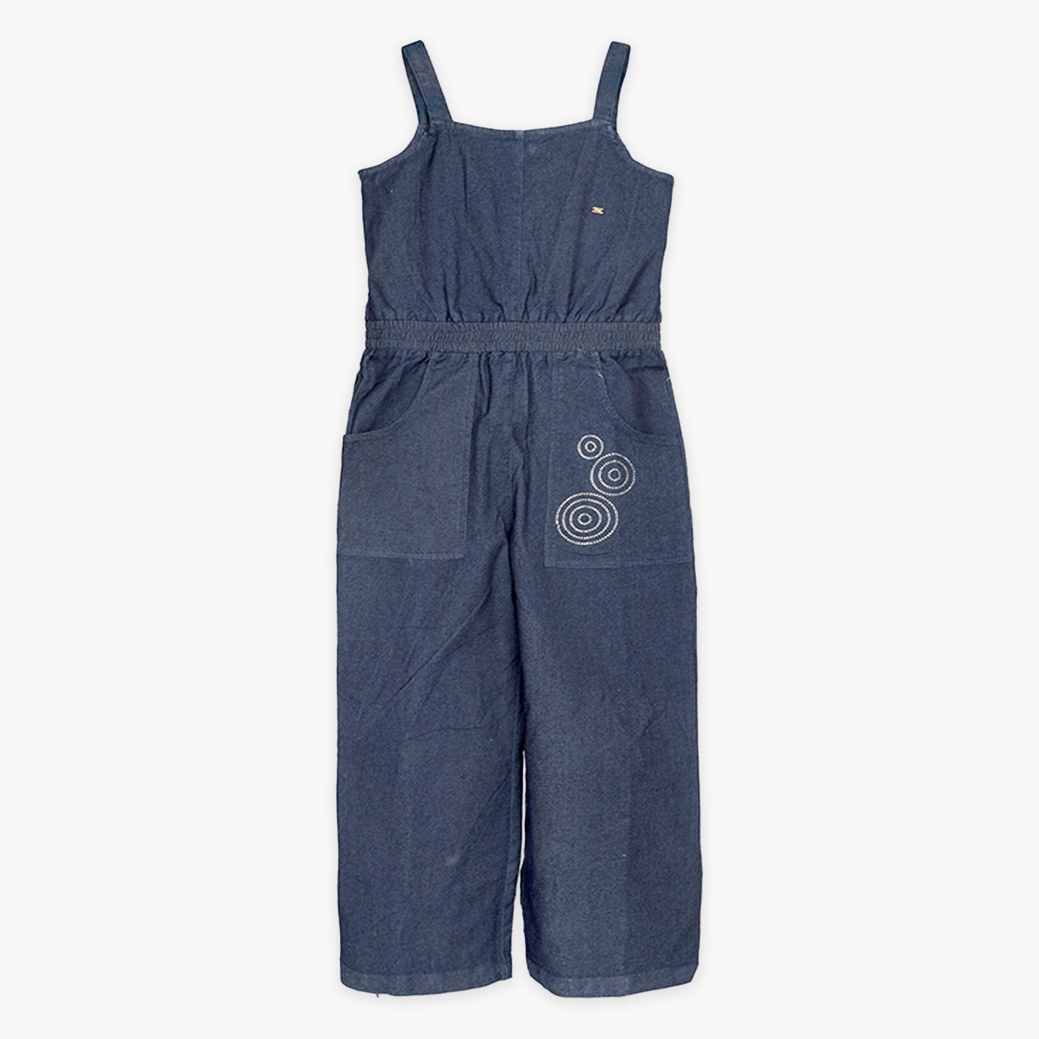 Kids Girls Cotton-Denim Sleeveless Jumpsuit with Embroidery & Front Pockets