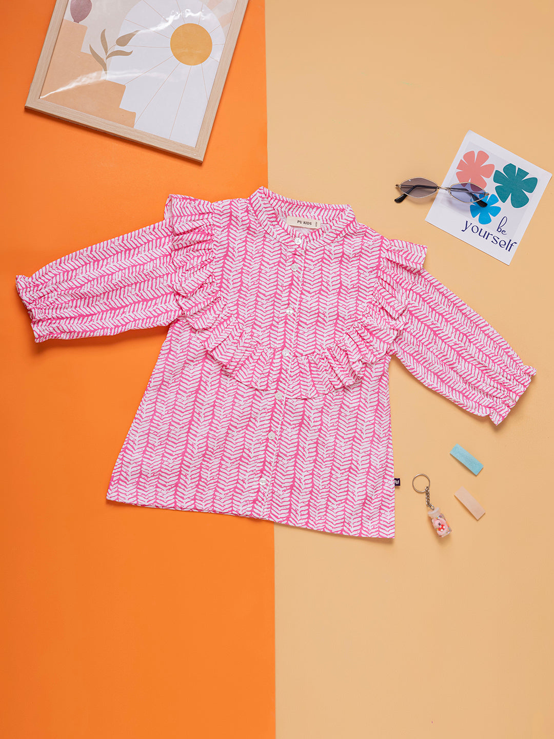 Kids Girls Cotton Full Sleeves Collared Neck Printed Ruffle Top