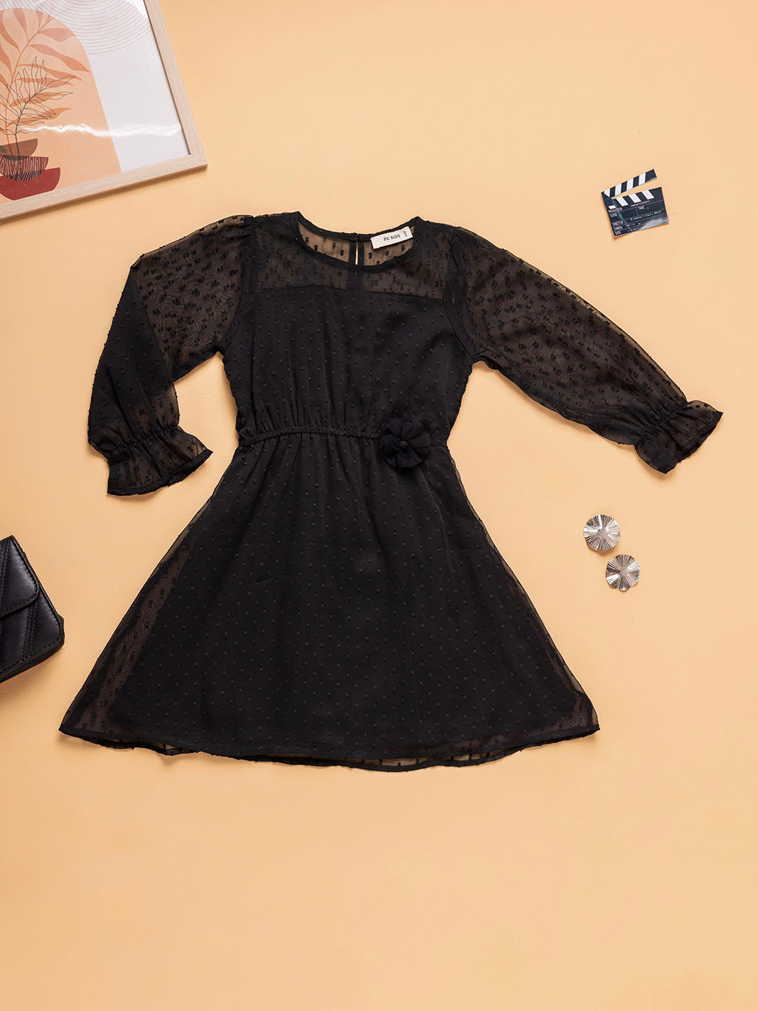 Kids Girls Full Sleeves Textured Fit & Flare Dress with Elastic Cuffs and Floral Waist Detail