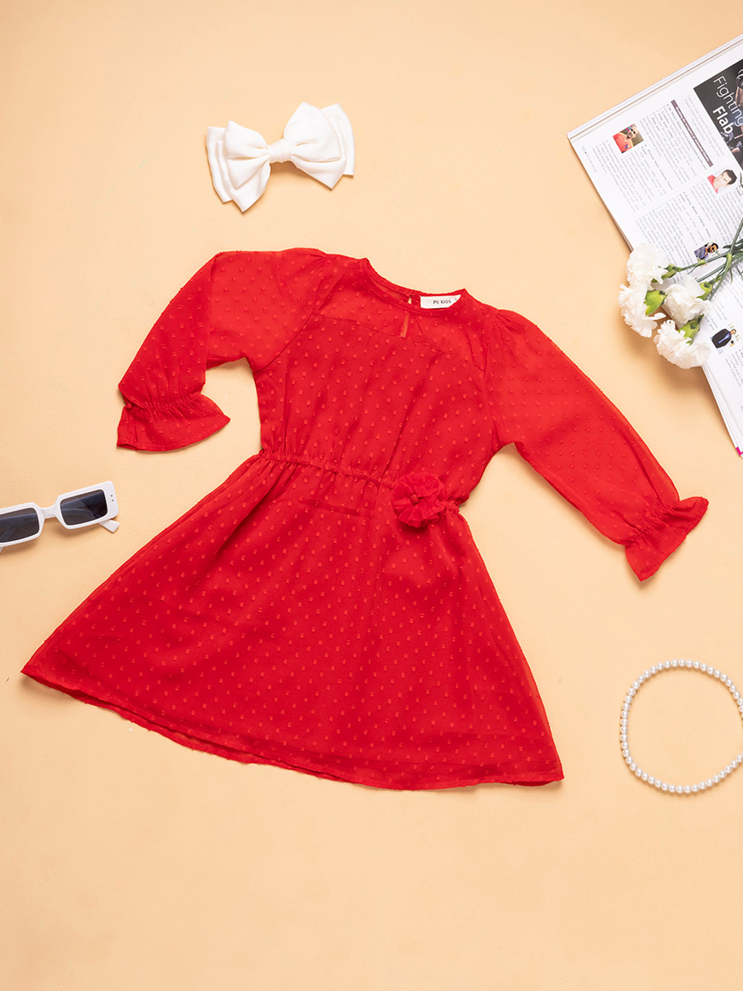Kids Girls Textured Fit & Flare Full Sleeves Dress with Elastic Cuffs & Floral Waist Detail