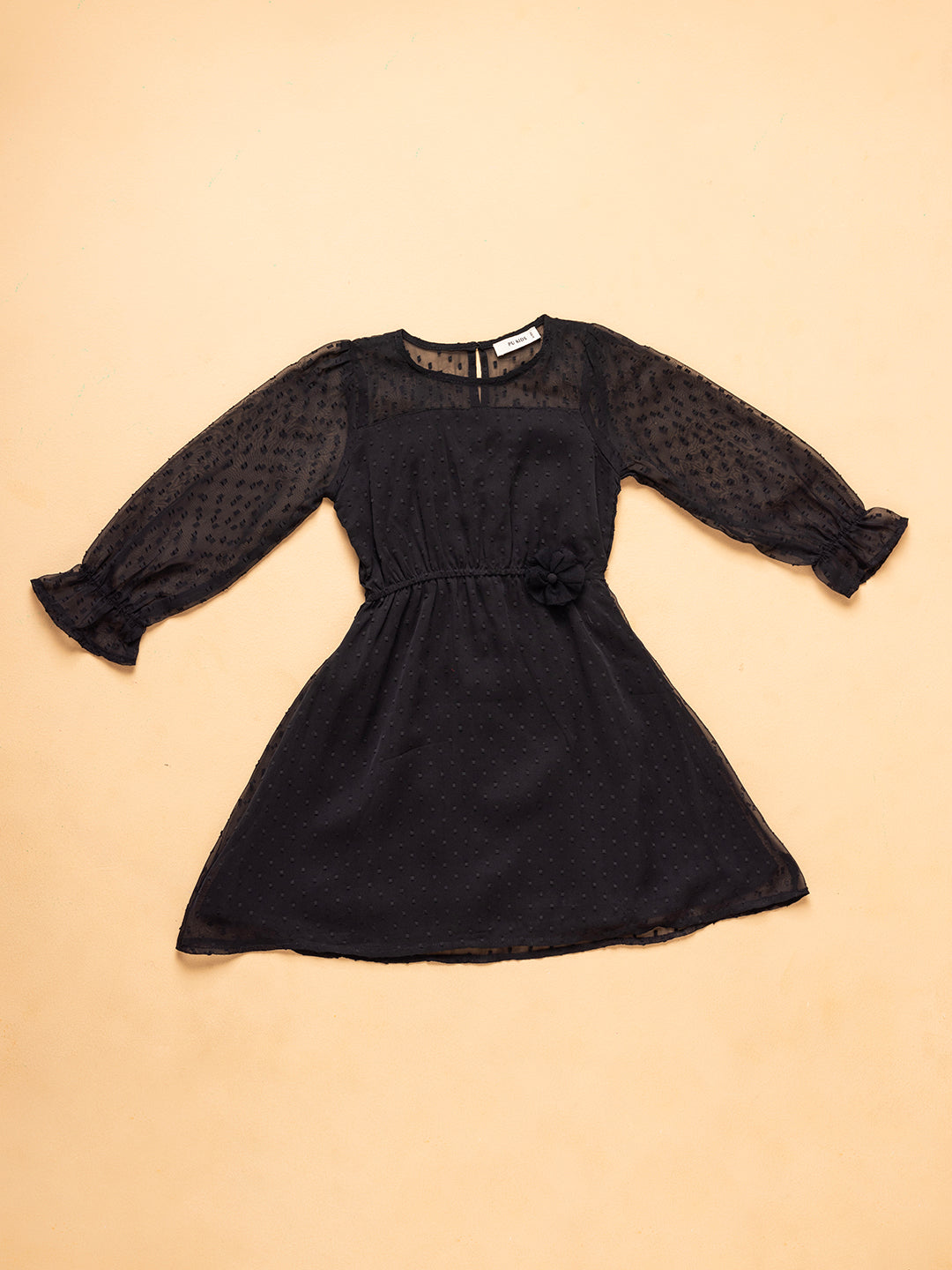 Kids Girls Full Sleeves Textured Fit & Flare Dress with Elastic Cuffs and Floral Waist Detail