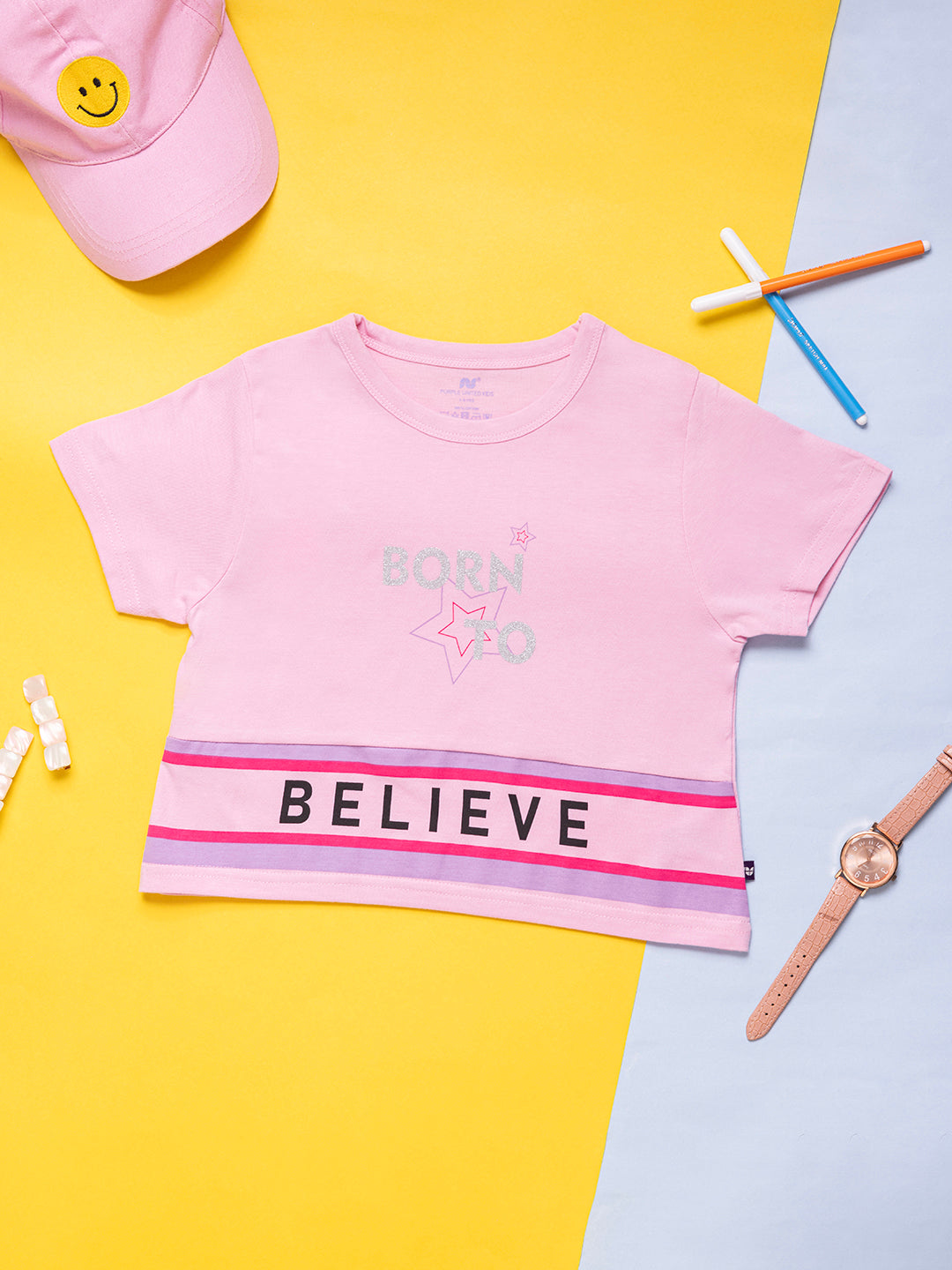 Kids Girls Cotton Blend Half Sleeves Typography Printed T-Shirt