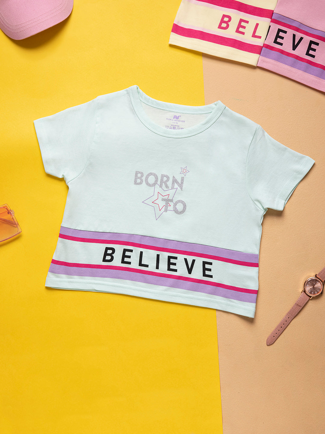 Kids Girls Cotton Printed Half Sleeve Regular Fit Cropped  T-Shirt