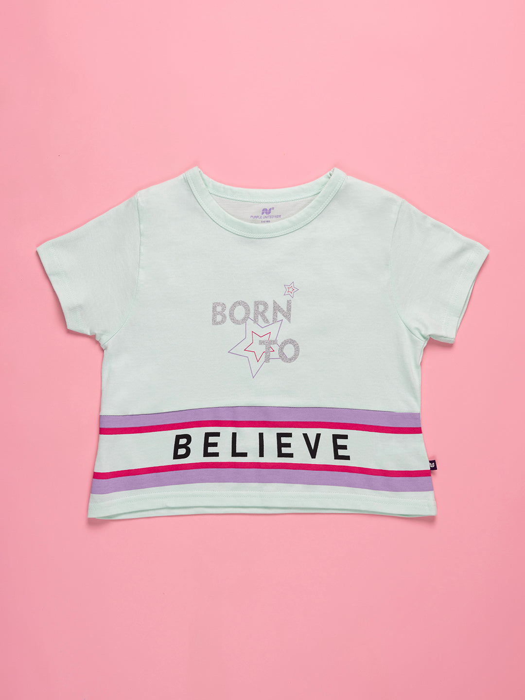 Kids Girls Cotton Printed Half Sleeve Regular Fit Cropped  T-Shirt