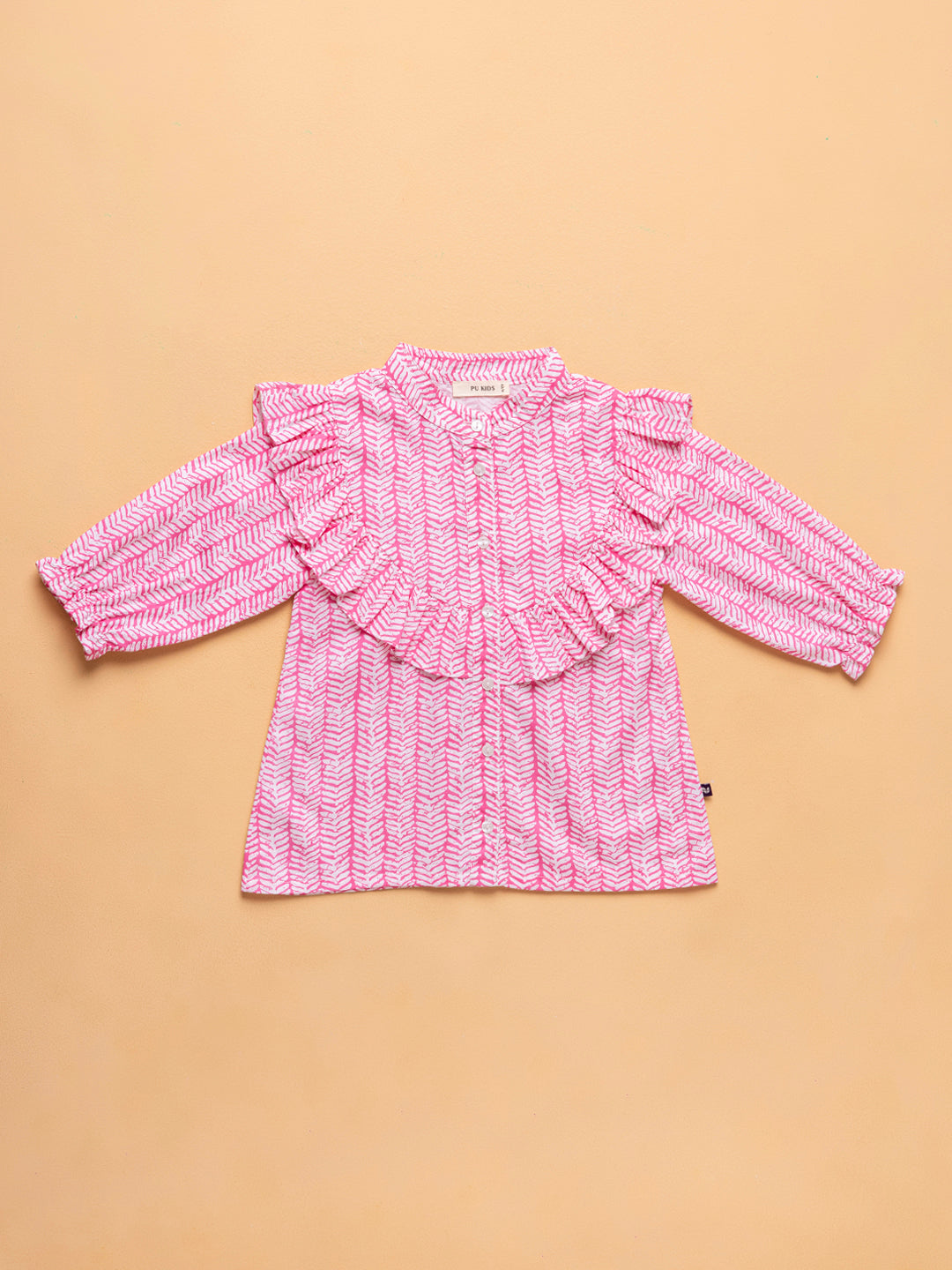 Kids Girls Cotton Full Sleeves Collared Neck Printed Ruffle Top