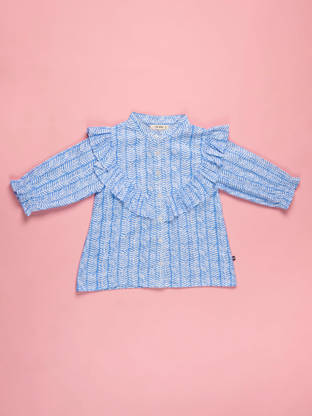 Kids Girls Cotton Full Sleeves Collared Neck Printed Ruffle Top