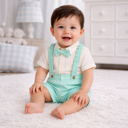 Kids Boys Coord Set in White/Light Blue with Bow Tie, Soft Fabric Suspender Shorts & Cotton Shirt