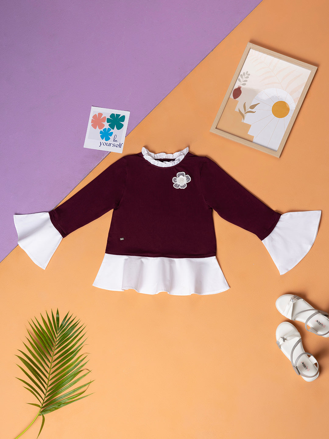 Kids Girls Cotton Bell Ruffle Sleeves Layered Top With Peplum Style and Beeded Flower Detail
