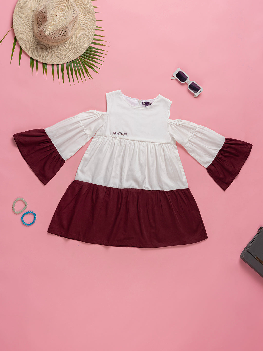 Kids Girls Cotton Round Neck Bell Sleeves Fit & Flare Dress With Colourblocked Design
