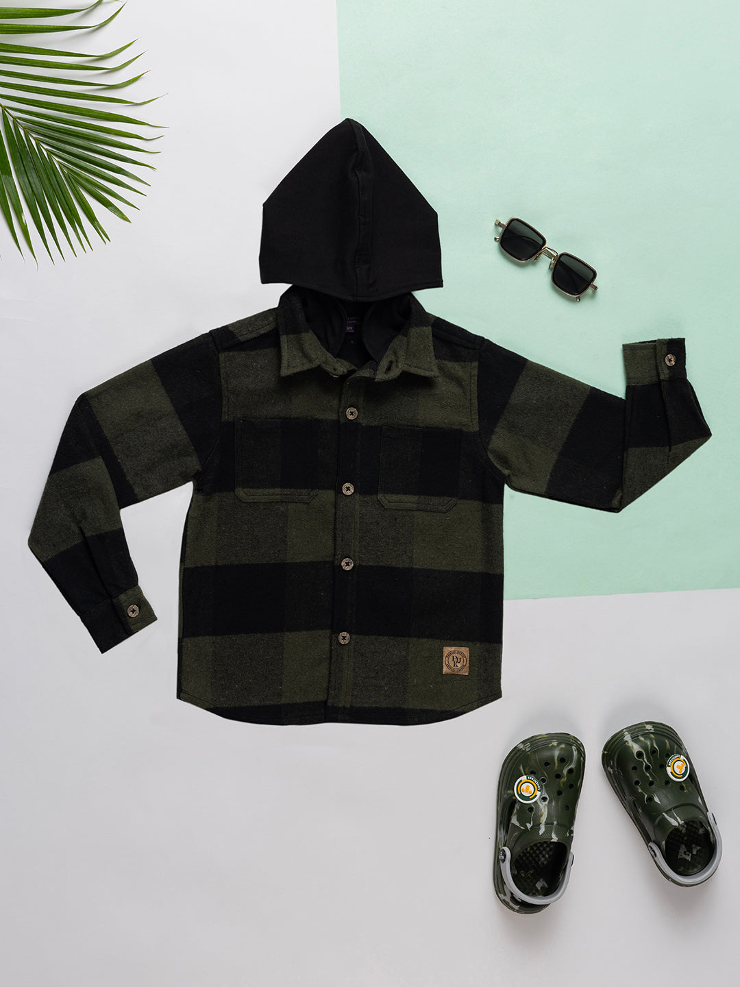 Kids Boys Hooded Full Sleeves Checked Shacket with Plaid Pattern