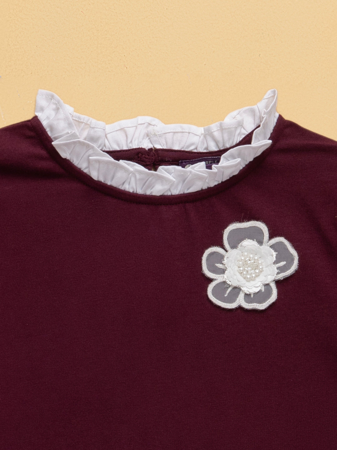 Kids Girls Cotton Bell Ruffle Sleeves Layered Top With Peplum Style and Beeded Flower Detail