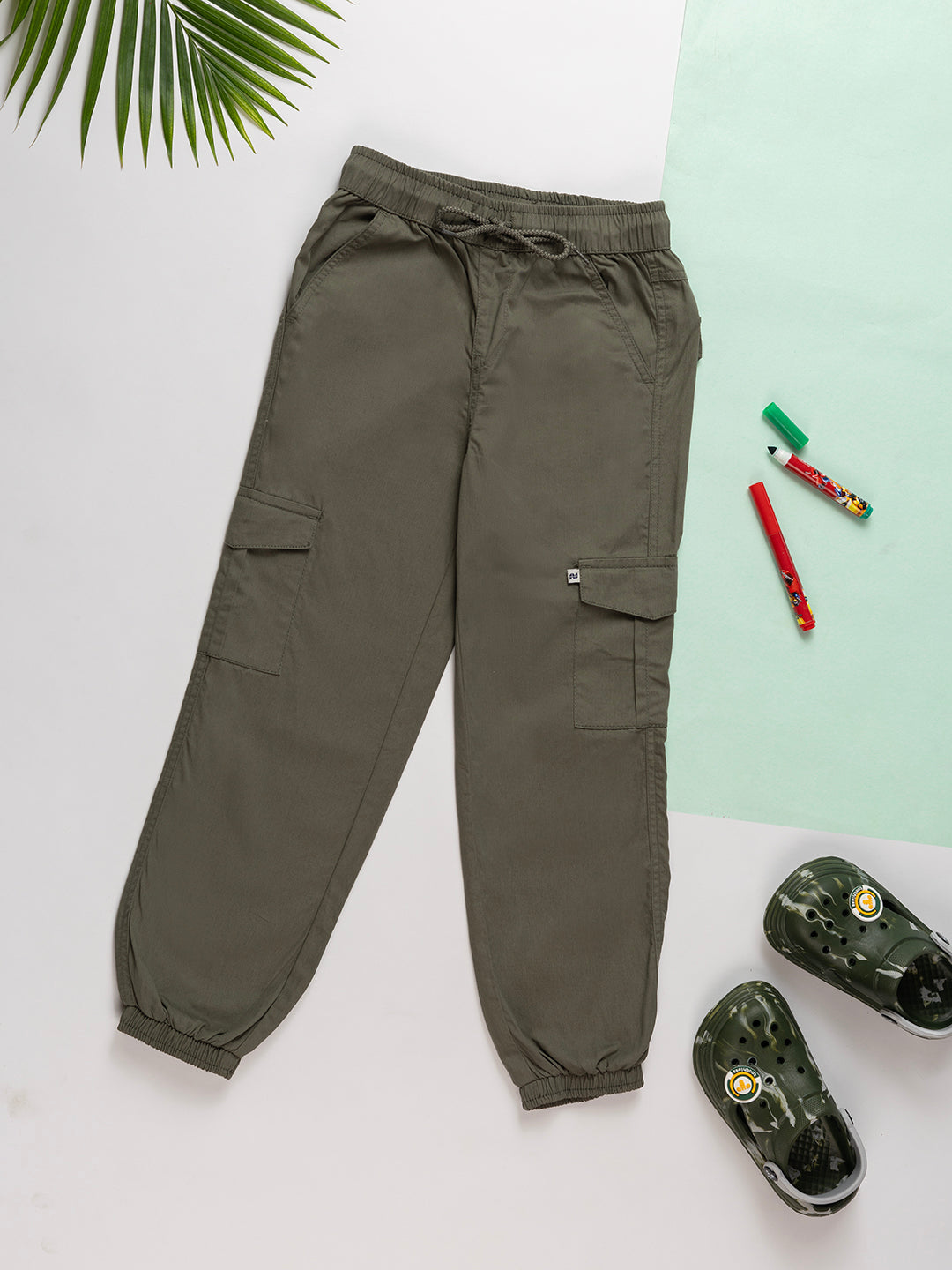 Boys Olive Trouser Multi Pocket Trousers Casual  Mid Rise