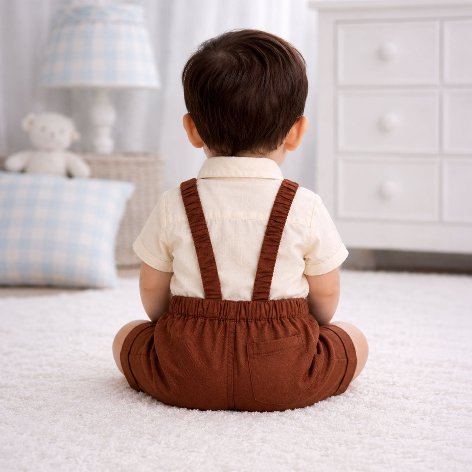 Kids Boys Coord Set in Off White/Brown with Bow Tie, Soft Fabric Suspender Shorts & Cotton Shirt