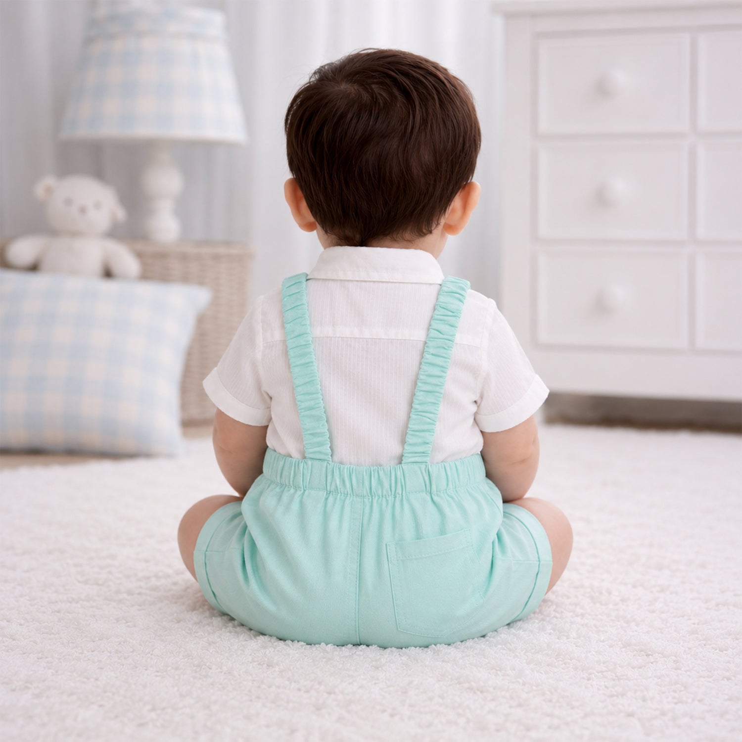 Kids Boys Coord Set in White/Light Blue with Bow Tie, Soft Fabric Suspender Shorts & Cotton Shirt