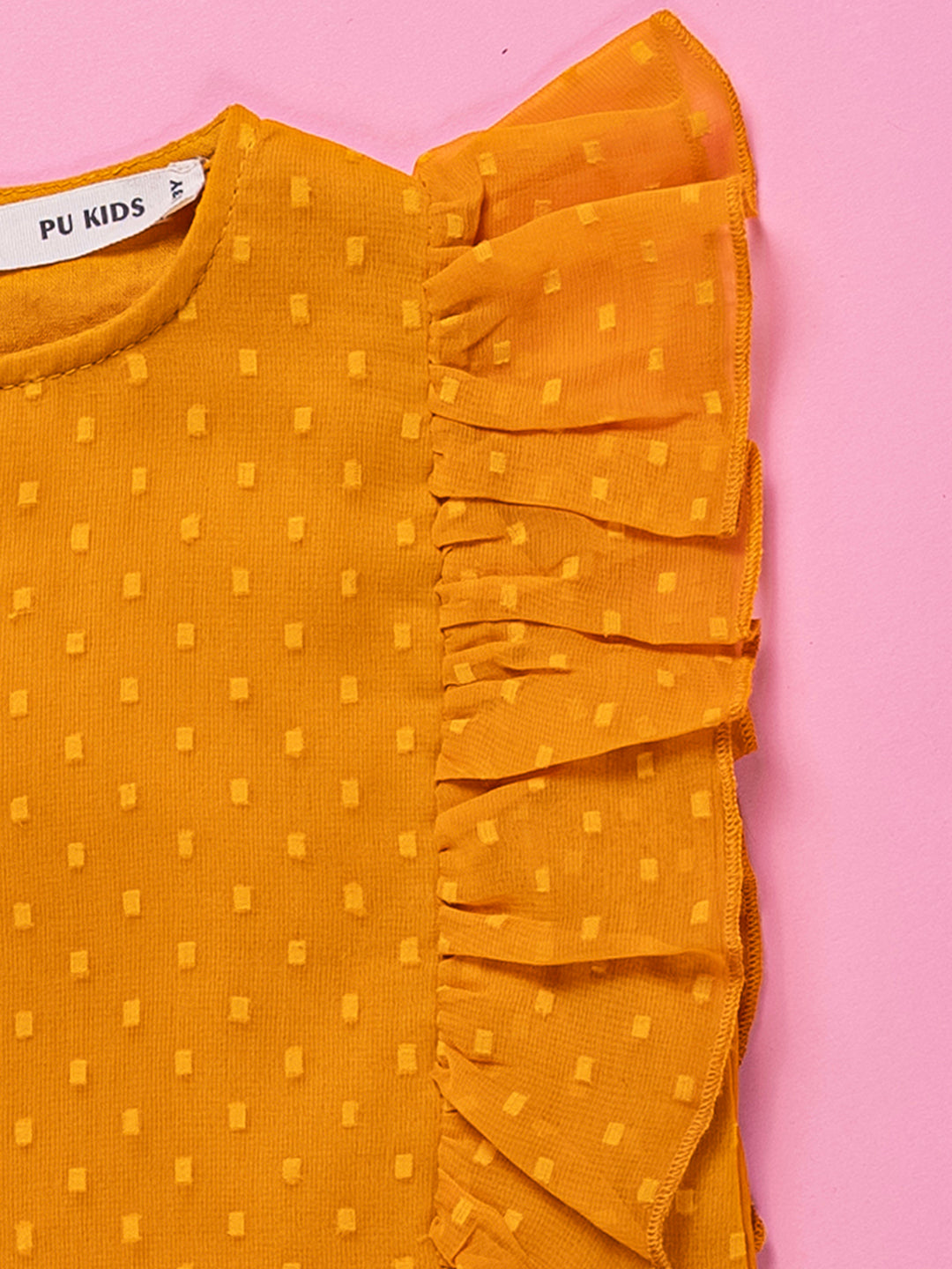 Kids Girls Textured Dot Design with Frill & Lace Cap Sleeves Top