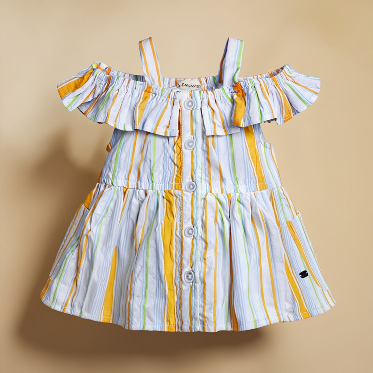 Girls Orange & White Multicolor Striped Cotton Dress Off-Shoulder Tiered Dress with Shoulder Straps Lightweight Breathable Casual Dress for Girls Stylish Everyday Wear