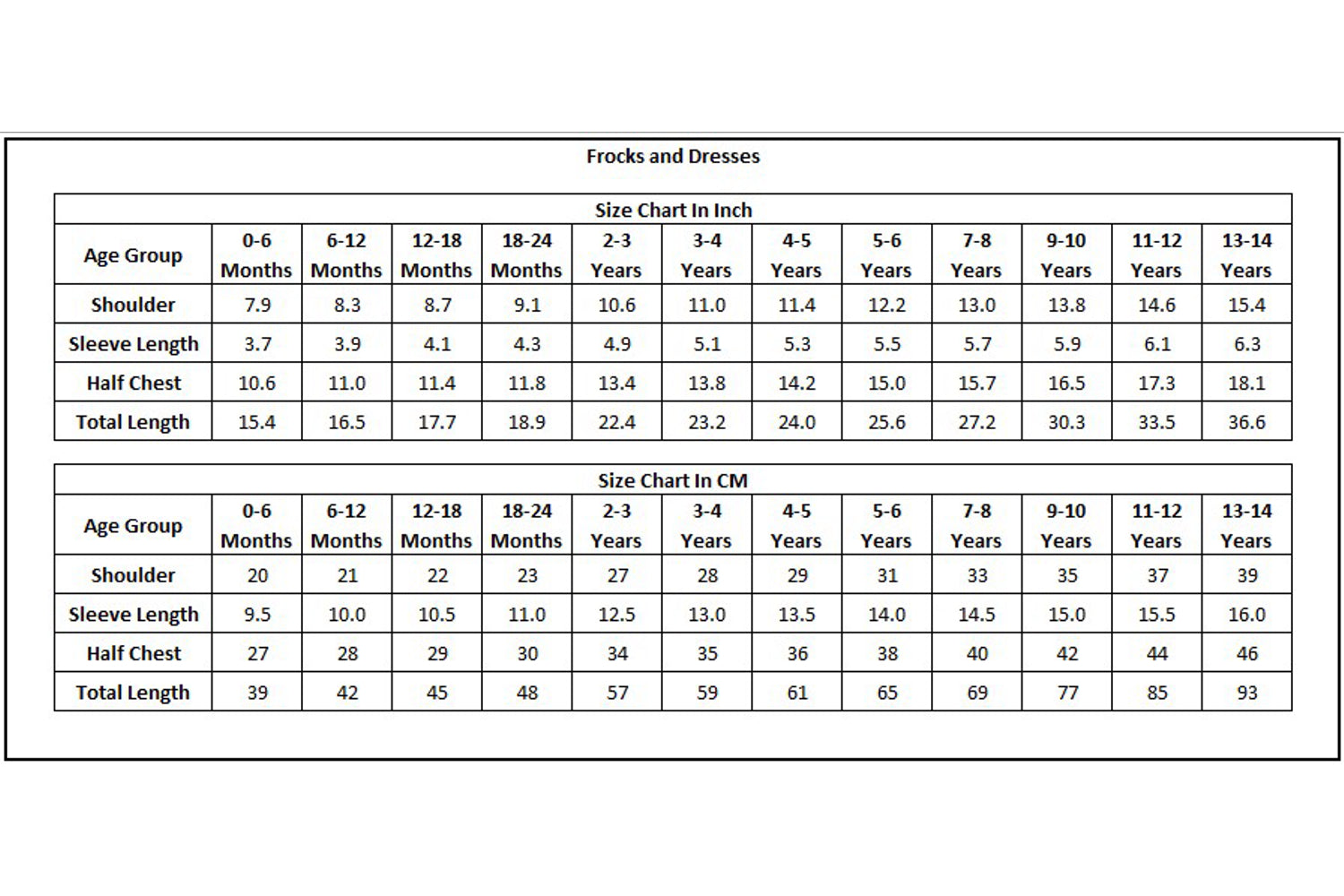 Product Size Chart