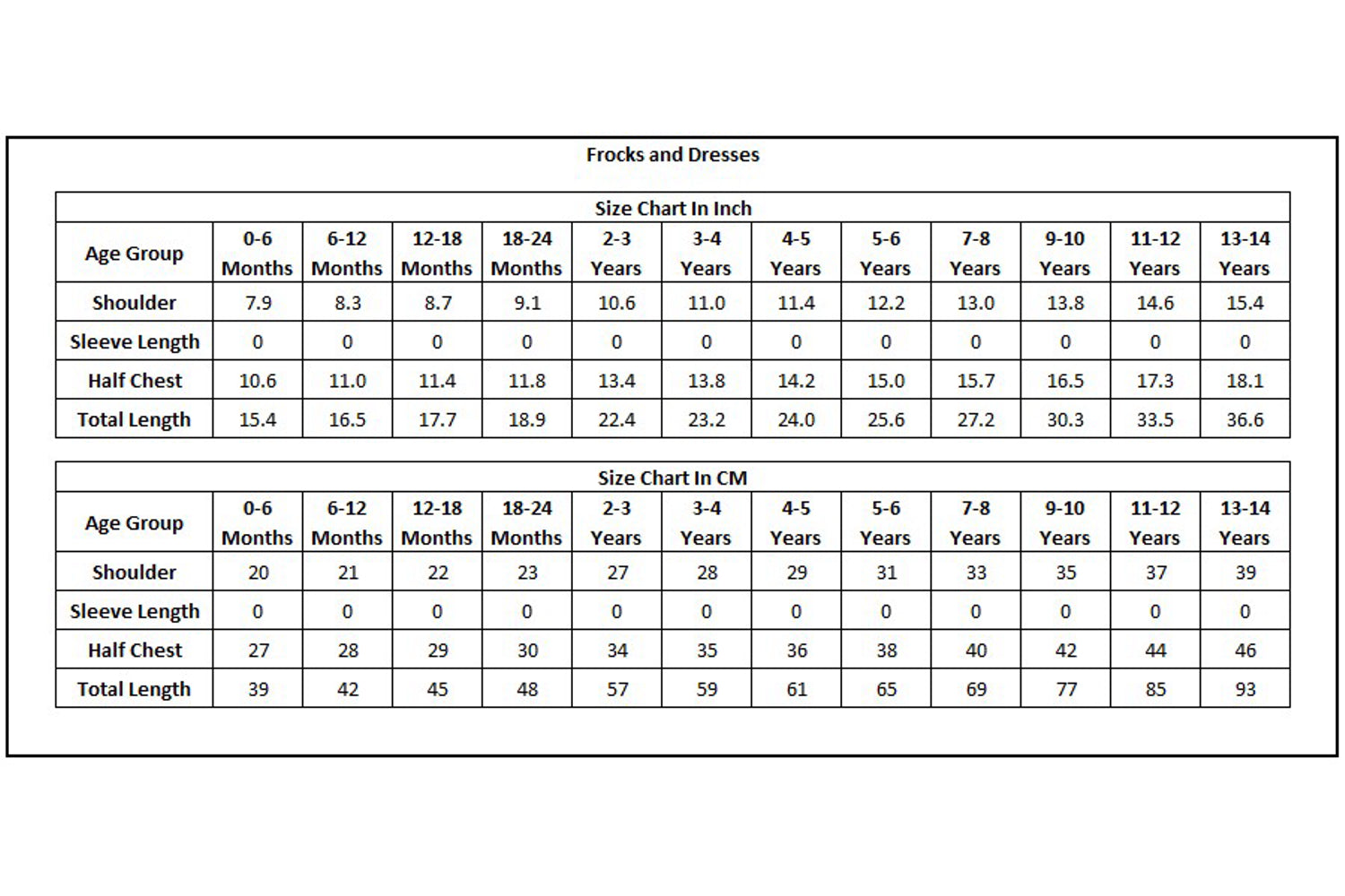 Product Size Chart