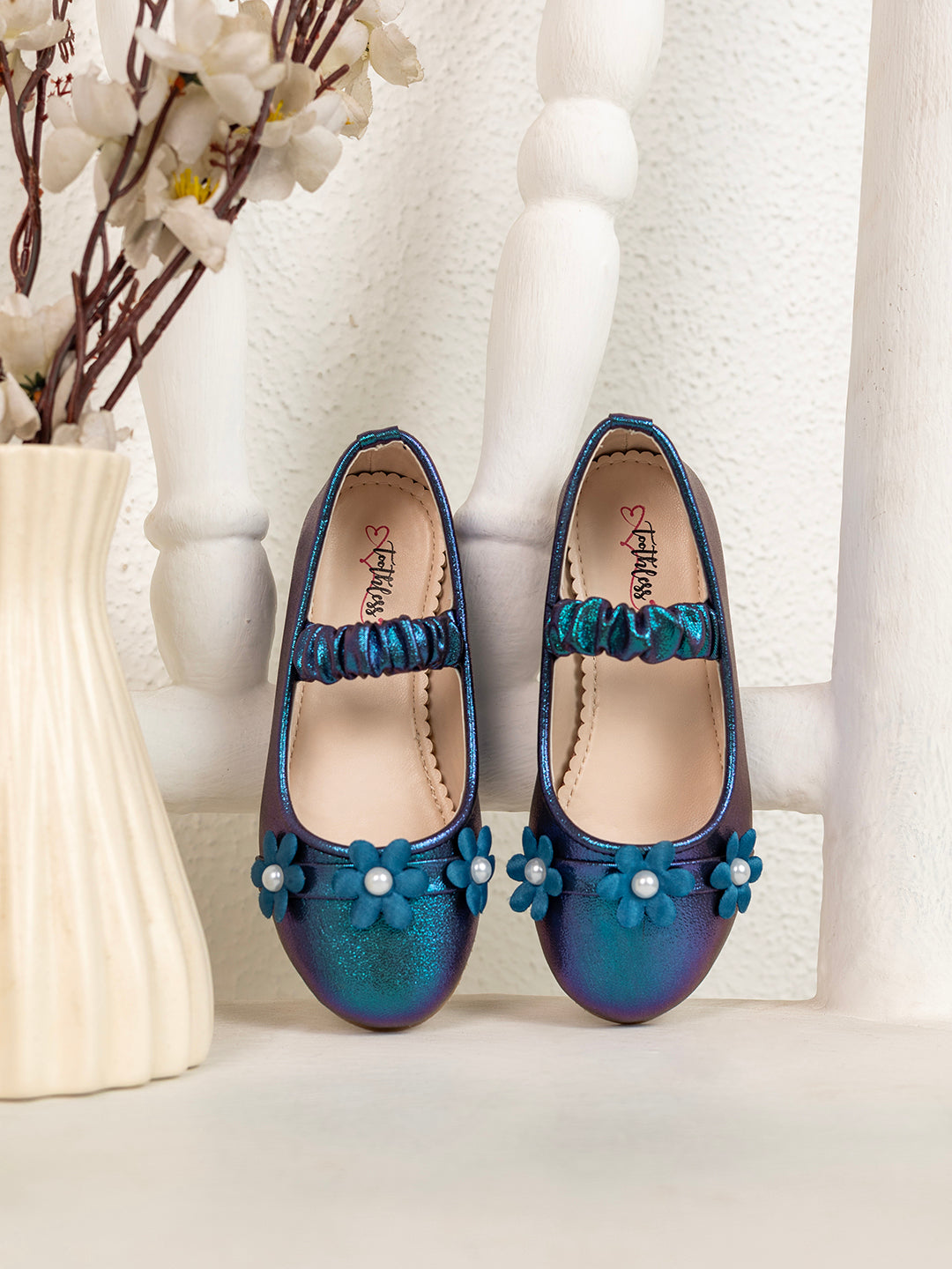 Kids Girls Metallic Floral & Pearl Embellished Ballerinas with Shirred Strap