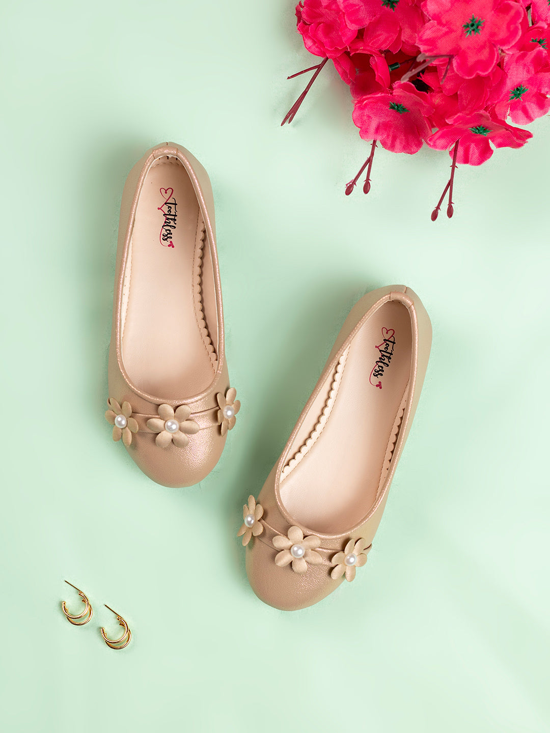 Kids Girls Metallic Beige Adorable Floral & Pearl Embellished Ballerinas