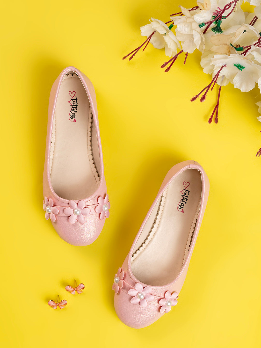 Kids Girls Metallic Pink Adorable Floral & Pearl Embellished Ballerinas
