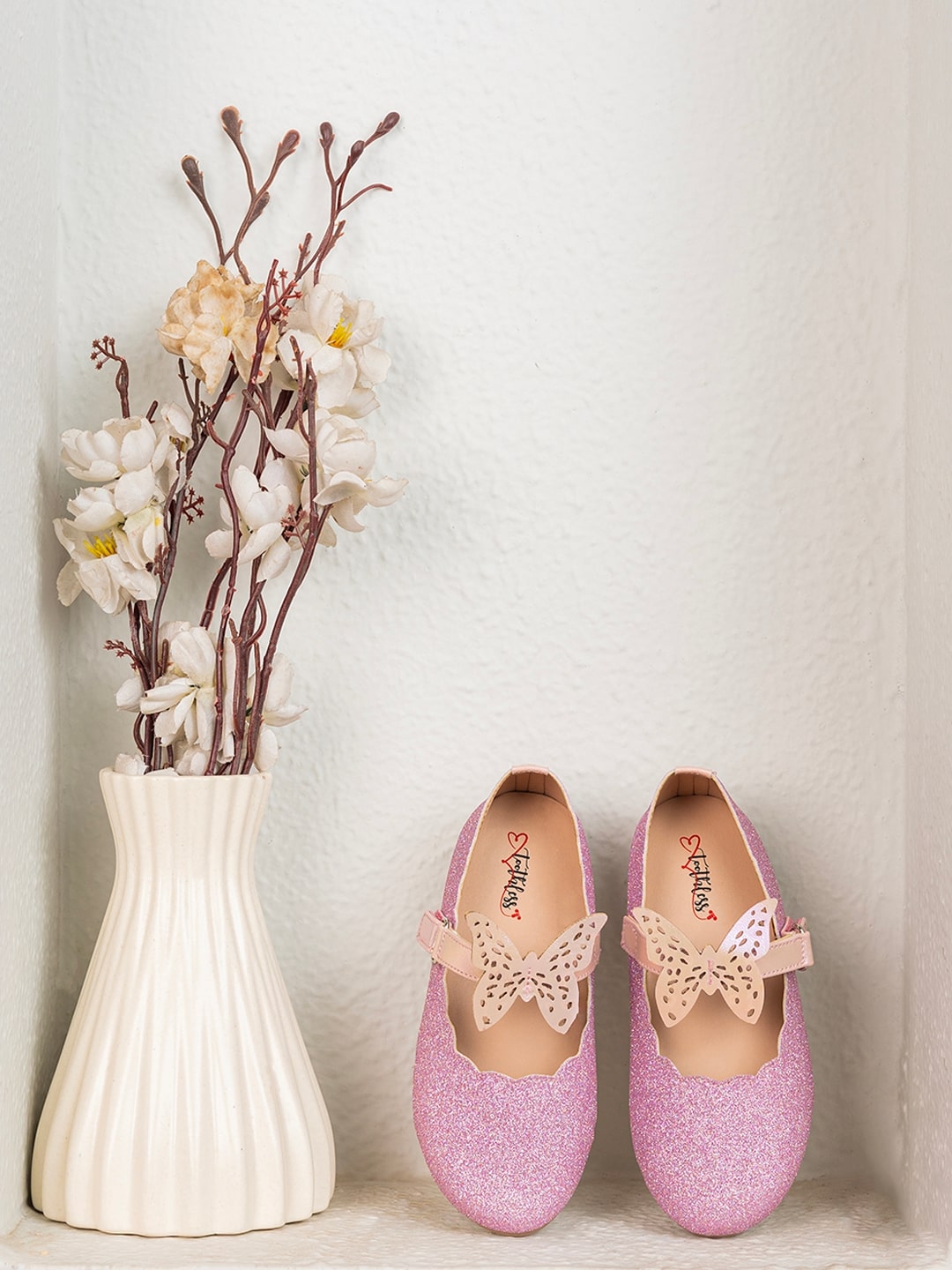 Kids Girls Pink Glitter Butterfly Embellished Design Ballerinas Comfortable for Festive Occasions