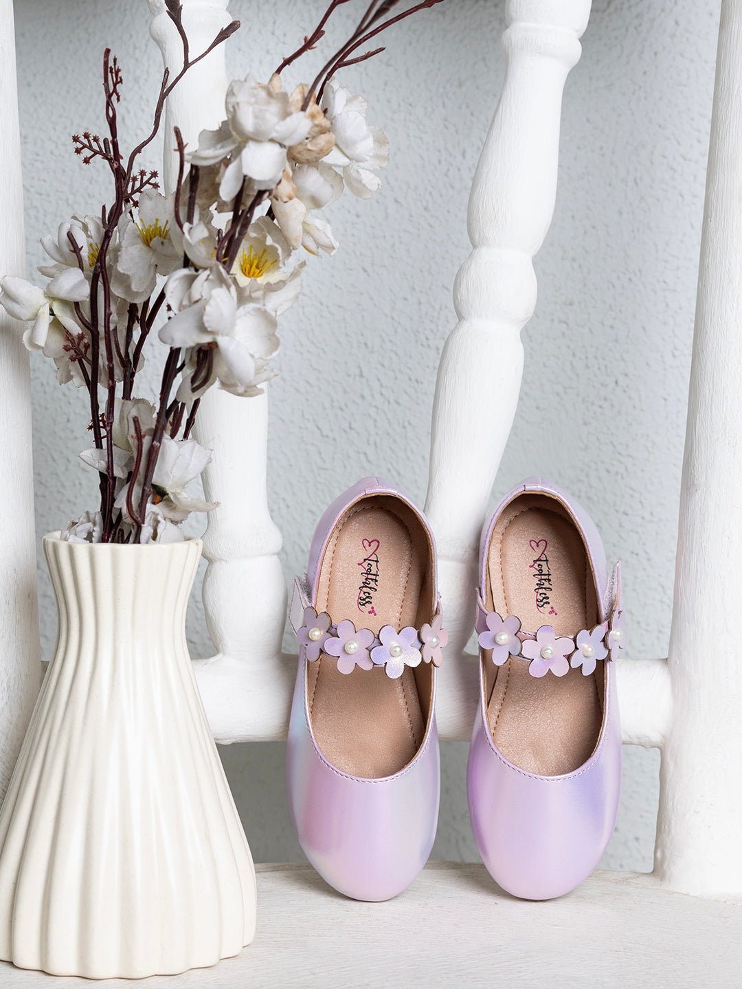 Kids Girls Iridescent Pink Princess Style Ballerinas with Flower Strap