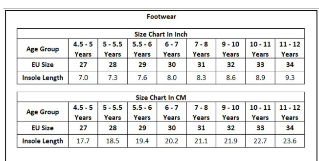 Product Size Chart