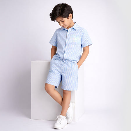 Boys Light Blue Clothing Set with Button Front and Drawstring Waist
