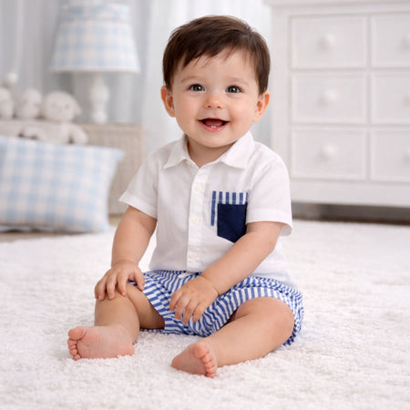 Infant Boys Coord Set in Cotton White Shirt with Blue Stripe Shorts for Summer Comfort Wear