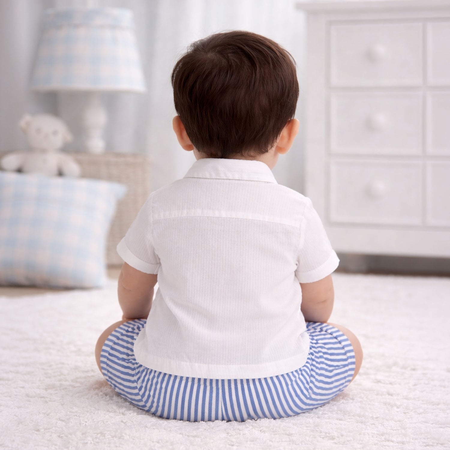 Infant Boys Coord Set in Cotton White Shirt with Blue Stripe Shorts for Summer Comfort Wear