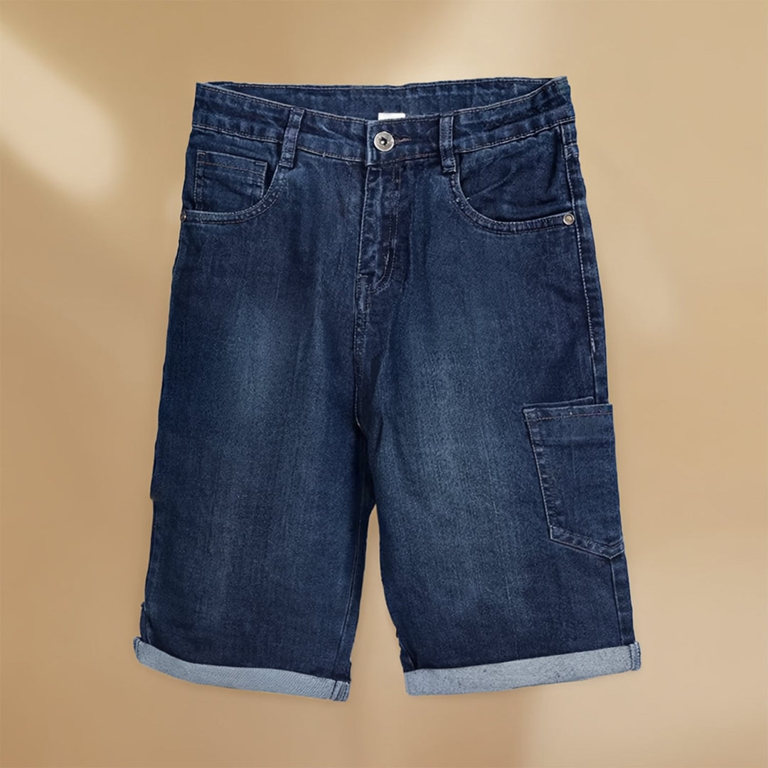 Boys Dark Blue Denim Cargo Shorts Mid Rise with Belt Loops Rolled Hem Comfortable Fit Utility Pockets Casual Wear Bottoms for All Seasons