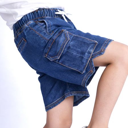 Kids Mid Blue Denim Cargo Shorts for Boys