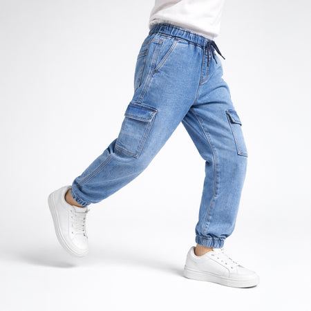 Boys Denim Joggers with Utility Patch Pockets and Elasticated Cuff Hem