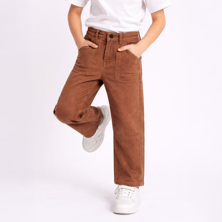 Kids Boys Denim Brown Straight Fit Baggy Jeans with Utility Pockets & Washed Finish