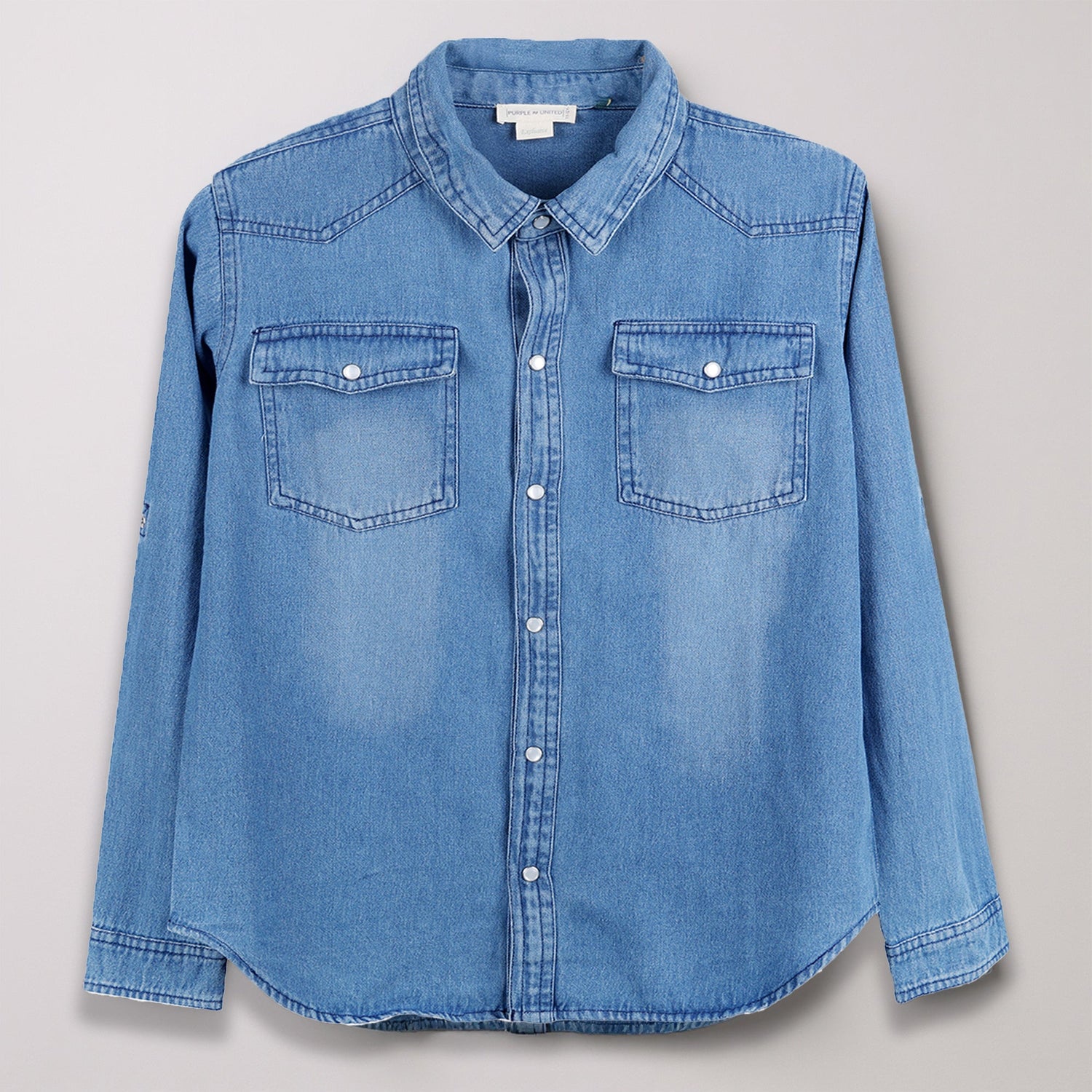 Boys Denim Shirt Full Sleeves Regular Fit Collared Neck Curved Hem Casual Wear For Kids