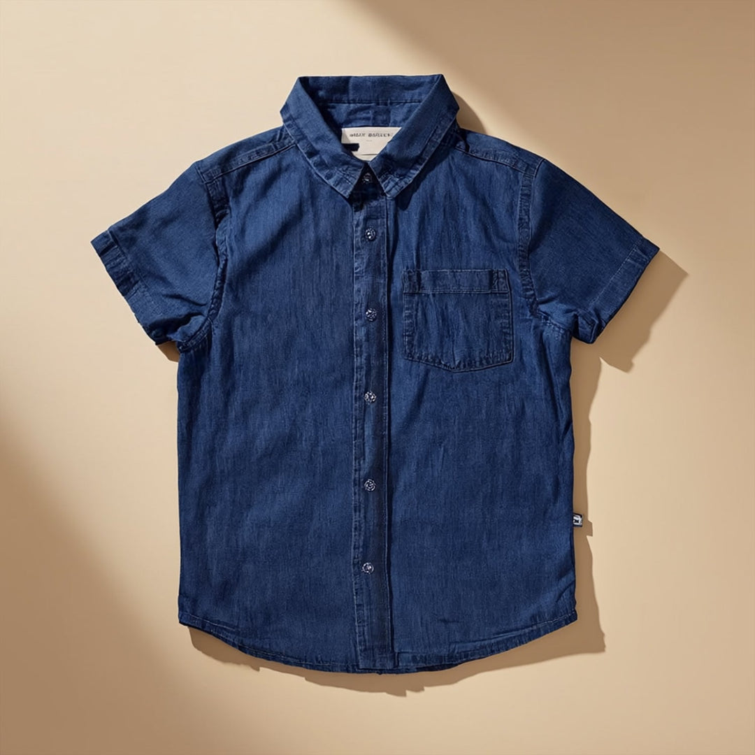 Boys Dark Blue Denim Shirt with Chest Pocket Half Sleeves Regular Fit  Casual
