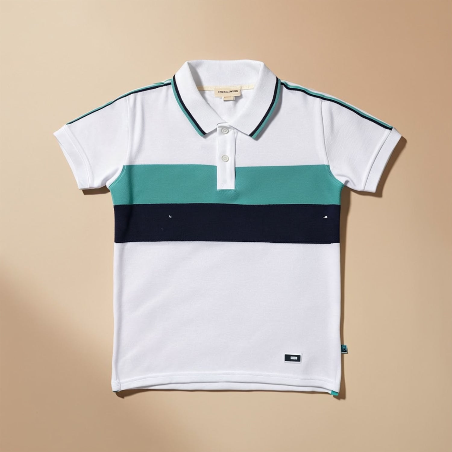 Boys White Teal Colourblocked Polo Neck Cotton Half Sleeves Regular Fit T-Shirt