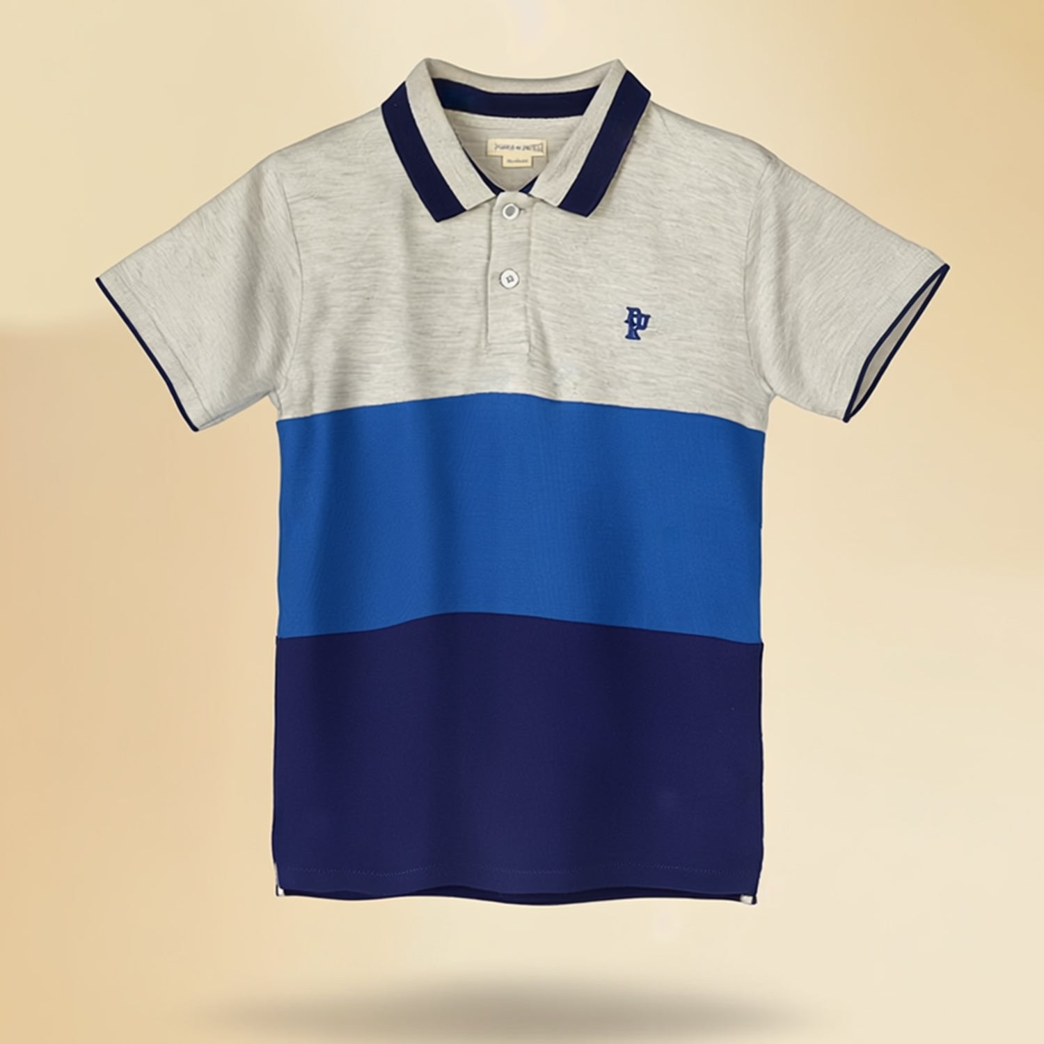 Light Grey Boys Polo T-Shirt Soft Cotton-blend Fabric Regular Fit Colourblocked Design Contrast Collar & Chest Letter Patch Casual Summer Wear for Kids