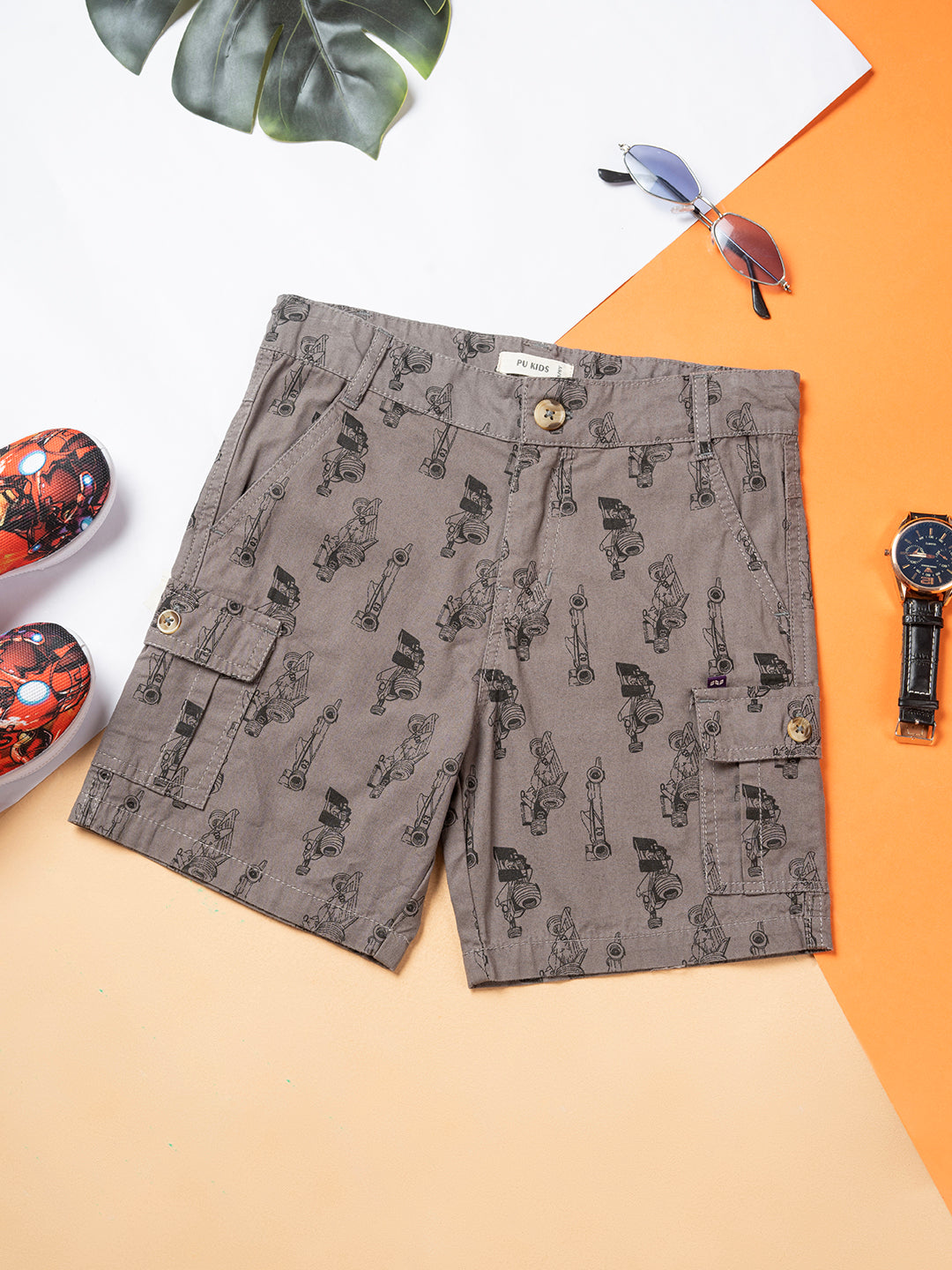 Boys Cotton-blend Printed Knee-Length Cargo Shorts with Pockets