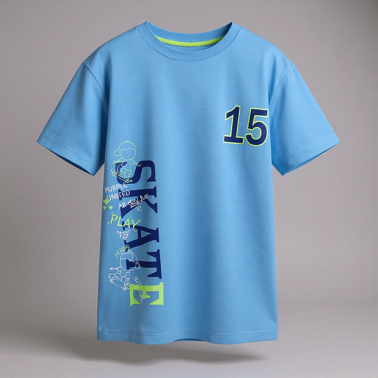 Boys Graphic T-Shirt Casual Half Sleeves Crew Neck “SKATE 15” Design Soft Single Jersey Everyday Wear For Kids