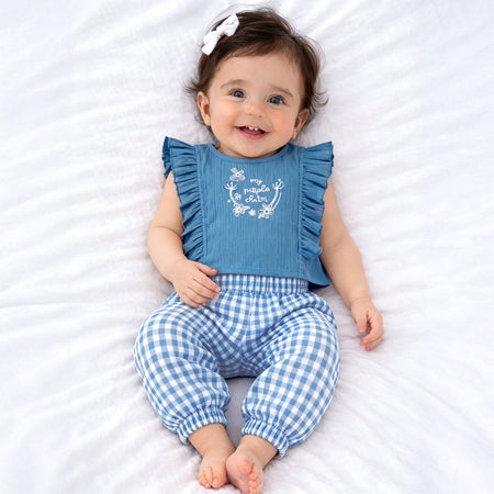 Baby Girl Co ord Set Textured Top with Gingham Pants Light Blue Infant Clothing Set