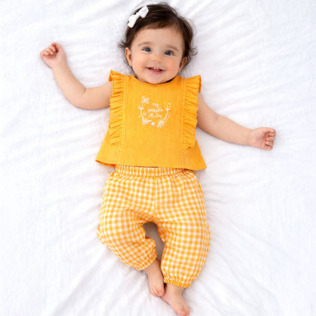 Baby Girl Co ord Set Textured Top with Gingham Pants Yellow Infant Clothing Set