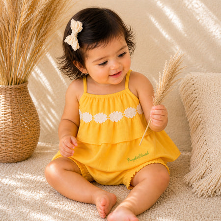 Kids Girls Coord Set in Mustard with Floral Applique Cotton Top & Shorts for Summer Comfort Wear