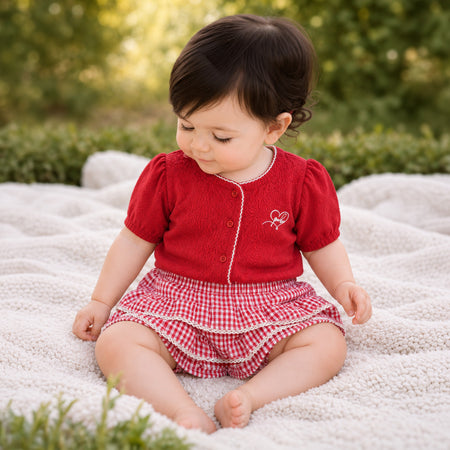Infant Girls Coord Set in Red with Puff Sleeves, Textured Fabric Top & Cotton Checked Skirt