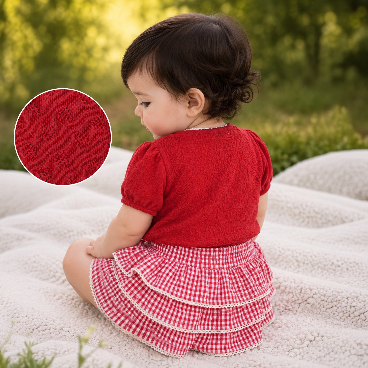 Infant Girls Coord Set in Red with Puff Sleeves, Textured Fabric Top & Cotton Checked Skirt