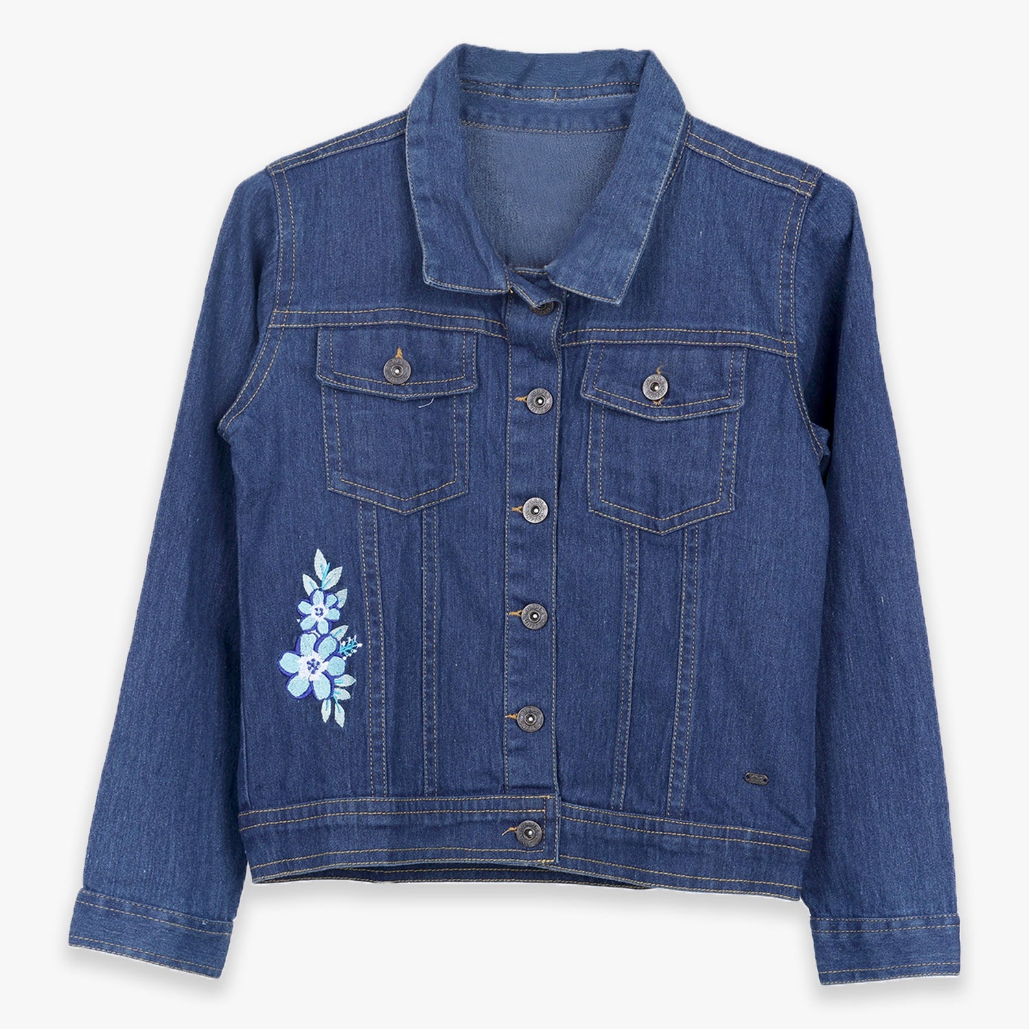 Kids Girls Denim Full Sleeves Regular Fit Jacket with Floral Embroidery Detail