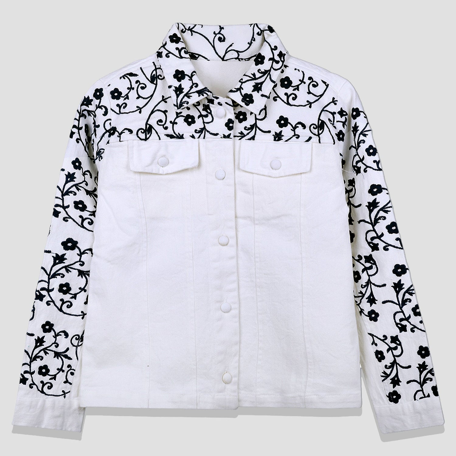 Girls Floral Embroidered Denim Open Front Jacket for kids